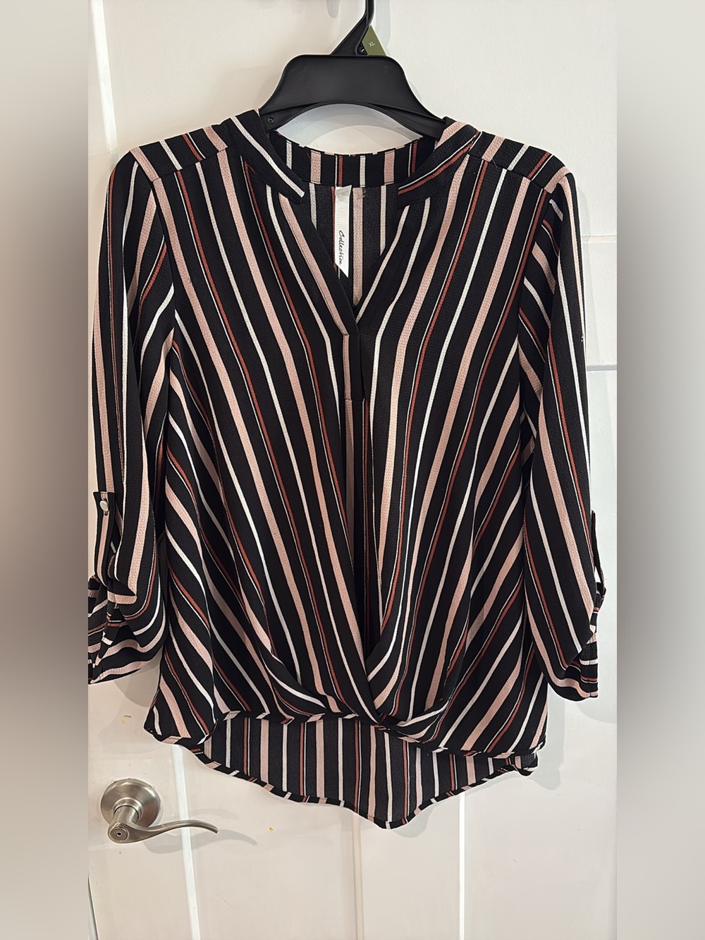 Buttoned V-Neck Striped Blouse